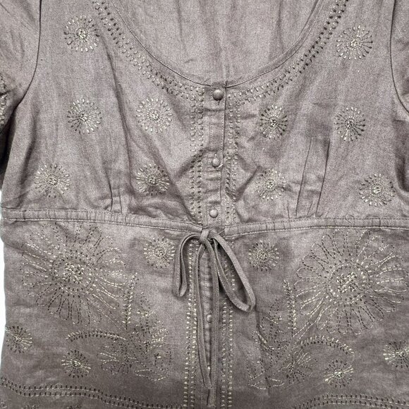 Tweeds 100% Linen Floral Embroidered Brown Button-Front Short Sleeve Blouse Sz L - Picture 3 of 5